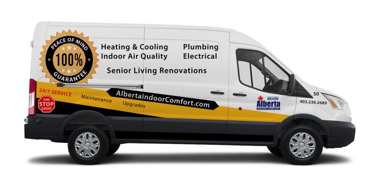 Alberta Indoor Comfort service van arriving at a Calgary home Alberta Indoor Comfort service van arriving at a Calgary home
